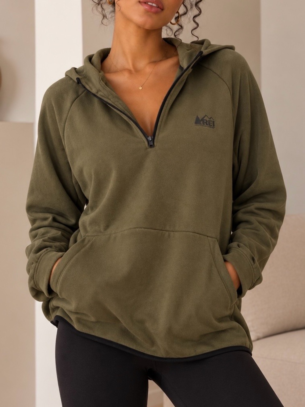 REI Olive Half-Zip Hooded Fleece Pullover